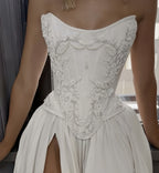Strapless Lace Satin White Vintage Wedding Dress,