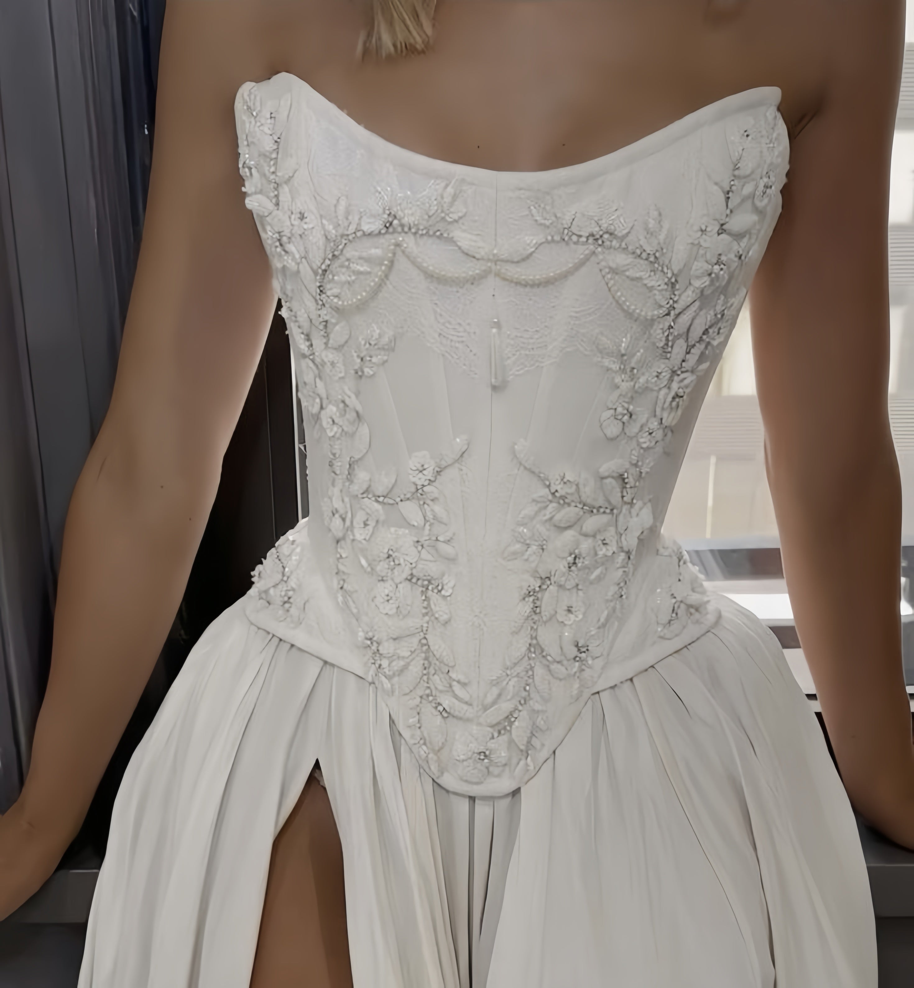 Strapless Lace Satin White Vintage Wedding Dress,