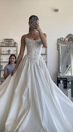 Strapless Lace Satin White Vintage Wedding Dress,