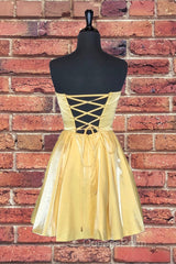Strapless Lace-Up Yellow Satin Homecoming Dress,Short Cocktail Dress