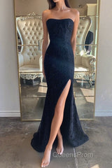 Strapless Mermaid Dark Blue Lace Long Evening Prom Dress, Mermaid Dark Blue Lace Formal Dress, Dark Blue Lace Evening Dress