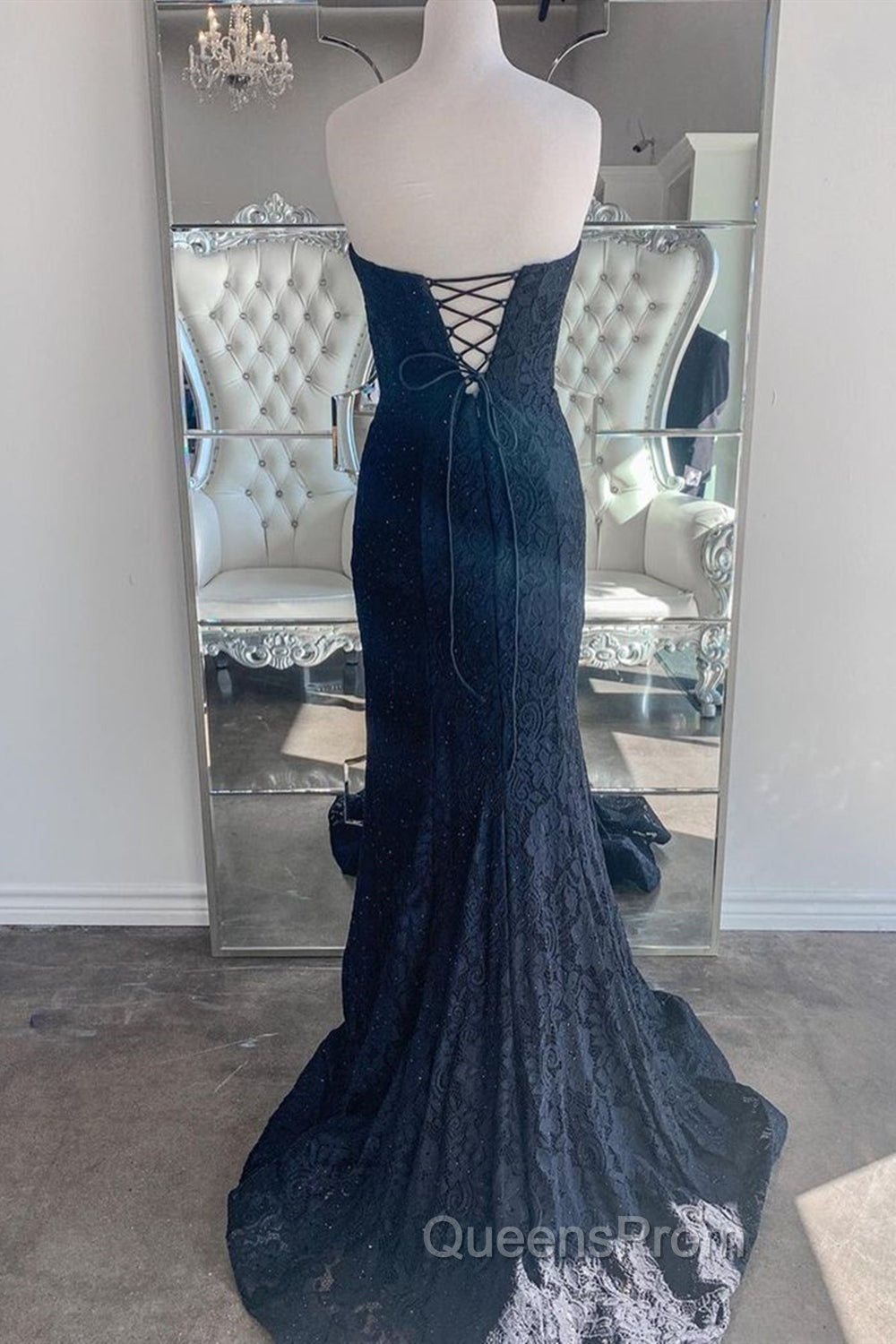 Strapless Mermaid Dark Blue Lace Long Evening Prom Dress, Mermaid Dark Blue Lace Formal Dress, Dark Blue Lace Evening Dress Secondary image