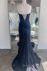 Strapless Mermaid Dark Blue Lace Long Evening Prom Dress, Mermaid Dark Blue Lace Formal Dress, Dark Blue Lace Evening Dress