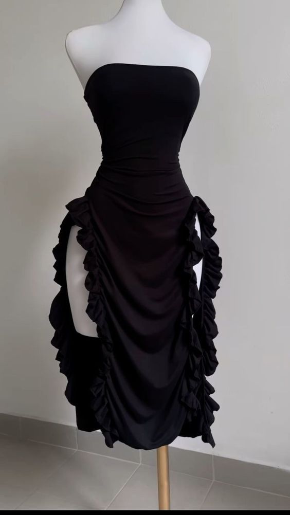 Strapless Midi Length Ruffle Classy Prom Dress Sexy Classy Evening Dress