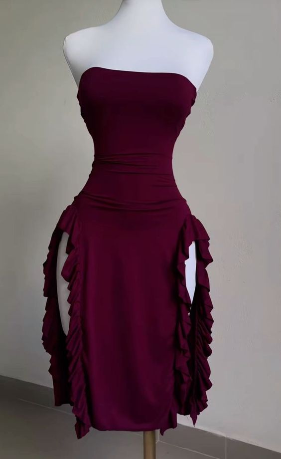 Strapless Midi Length Ruffle Classy Prom Dress Sexy Classy Evening Dress