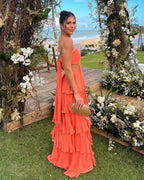 Strapless Orange Layered A Line Long Classy Prom Dress