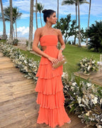 Strapless Orange Layered A Line Long Classy Prom Dress