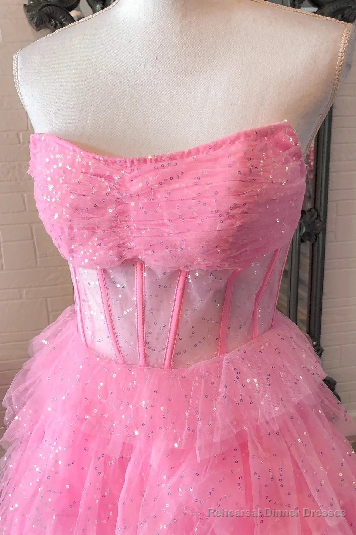 Strapless Pink Black Tulle Long Prom Dresses, Shiny Pink Black Tulle Long Formal Evening Dresses Secondary image