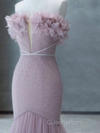 Strapless Pink Chiffon Creased Evening Dress Floor Length Mermaid Evening Prom Dress With Sweep