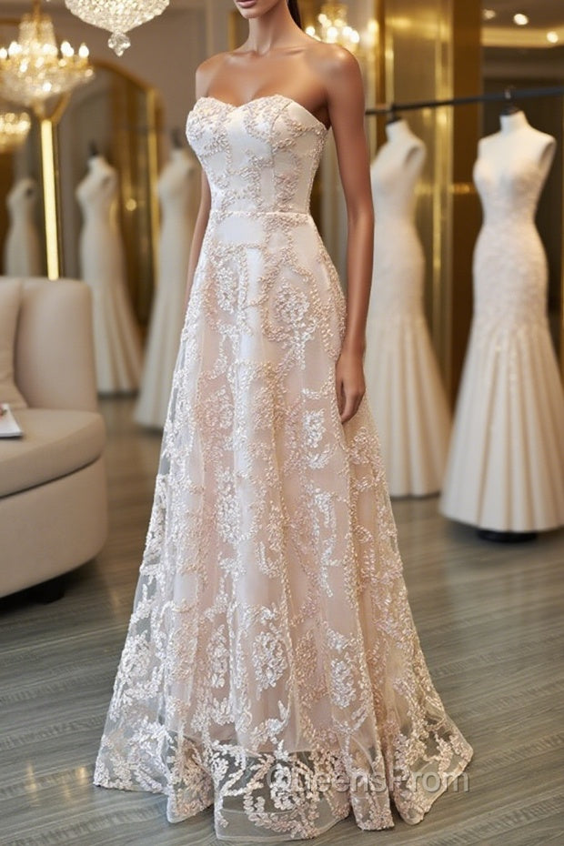 Strapless Pink Lace Long Evening Prom Dress, Pink Lace Formal Graduation Evening Dress Main image