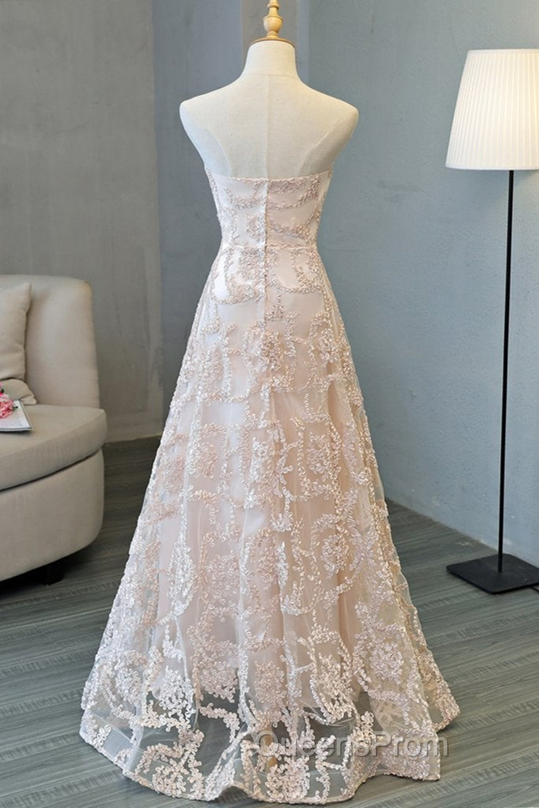 Strapless Pink Lace Long Evening Prom Dress, Pink Lace Formal Graduation Evening Dress Secondary image