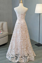Strapless Pink Lace Long Evening Prom Dress, Pink Lace Formal Graduation Evening Dress