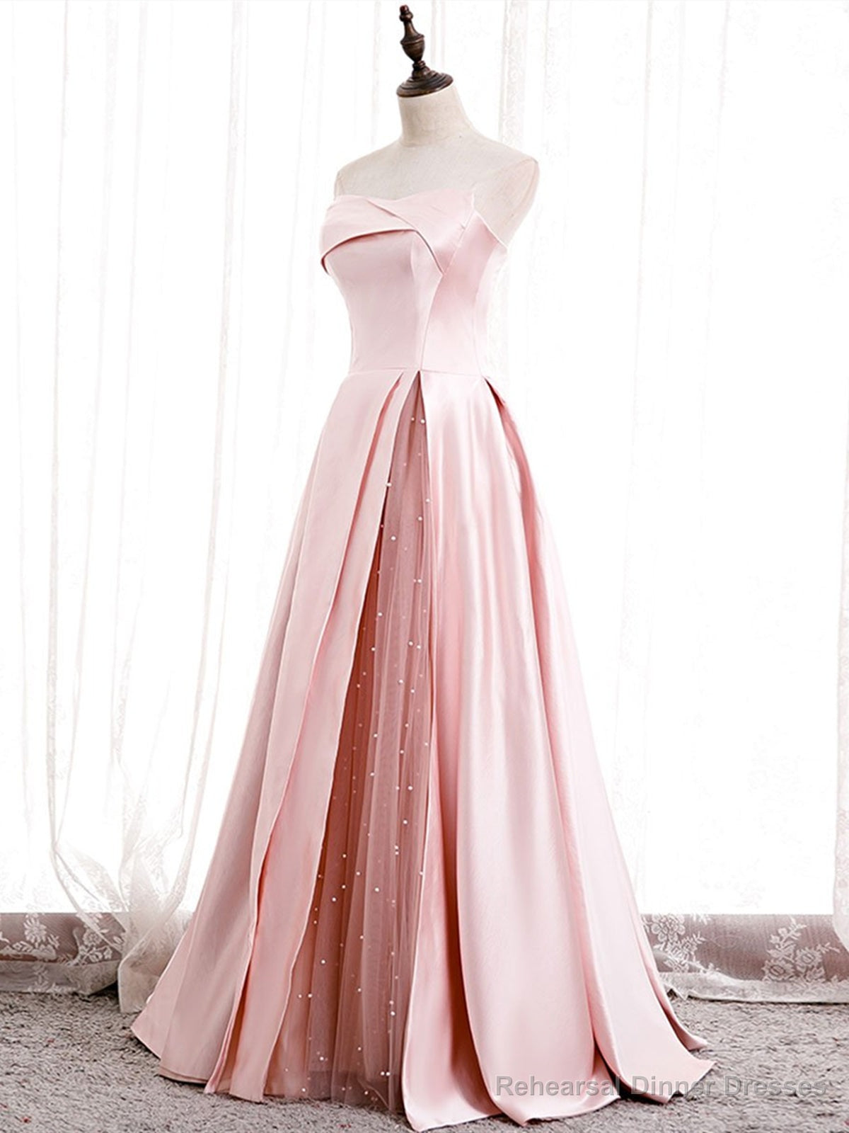 Strapless Pink Satin Prom Dresses, Pink Satin Long Formal Evening Dresses Secondary image