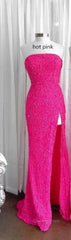 Strapless Pink Sequins Evening Prom Dress with Slit,Sparkly White Night Dress Party Event