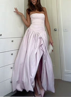 Strapless Pink Split Classy Prom Dress A-Line Party Classy Dress