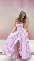 Strapless Pink Split Classy Prom Dress A-Line Party Classy Dress