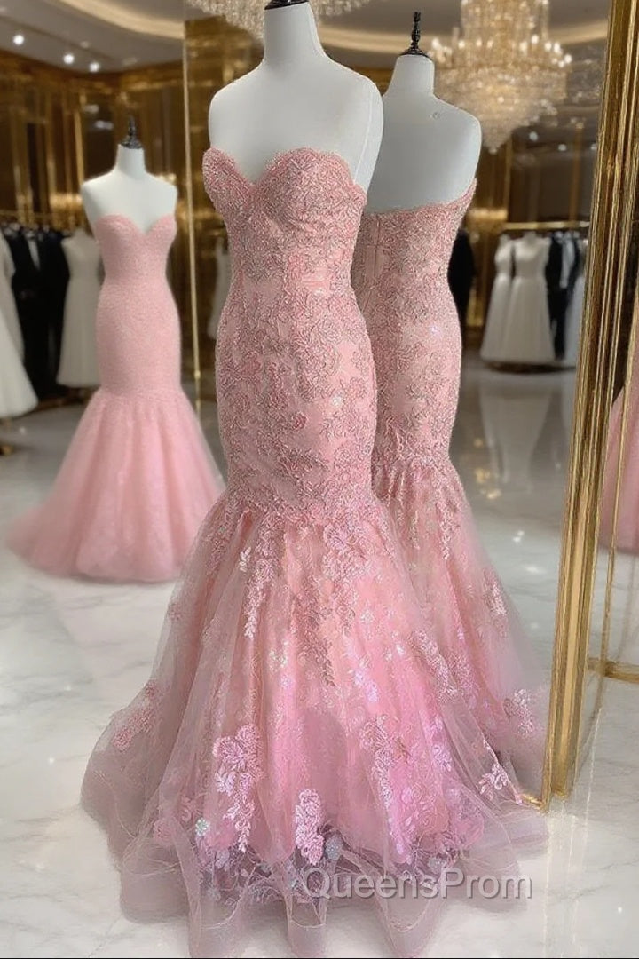 Strapless Pink Tulle Lace Long Mermaid Evening Prom Dress Evening Dress Main image