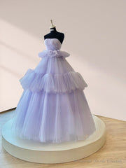 Strapless Pleated Tulle Ball Gown Tiered A Line Prom Dress Floor Length Party Dress