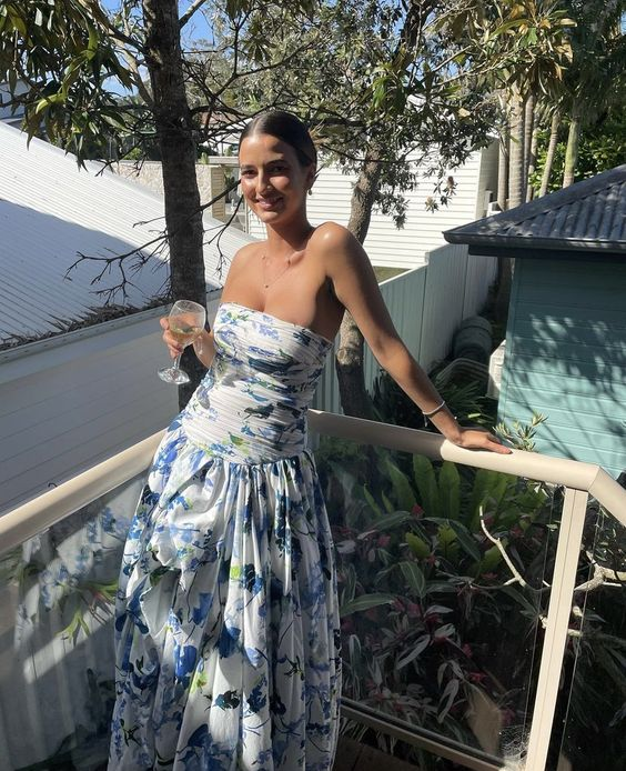 Strapless Print Floral Long Classy Prom Dress Classy Evening Gown