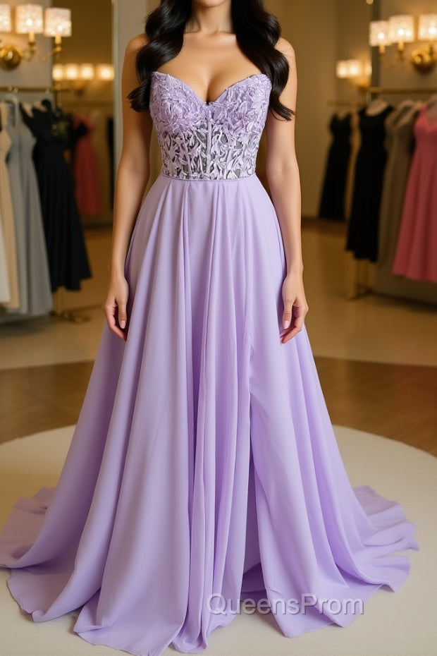 Strapless Purple Tulle Lace Long Evening Prom Dress, Lavender Lace Formal Dress, Purple Evening Dress Main image