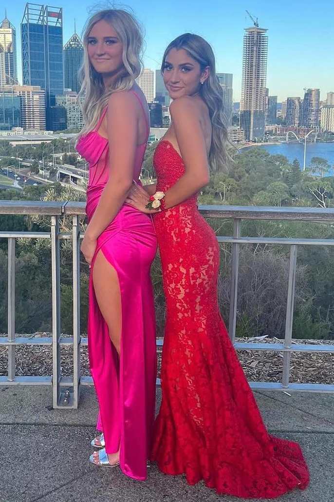 Strapless Red Appliques Mermaid Sleeveless Lace Long Classy Prom Dress
