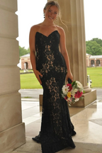 Strapless Red Appliques Mermaid Sleeveless Lace Long Classy Prom Dress