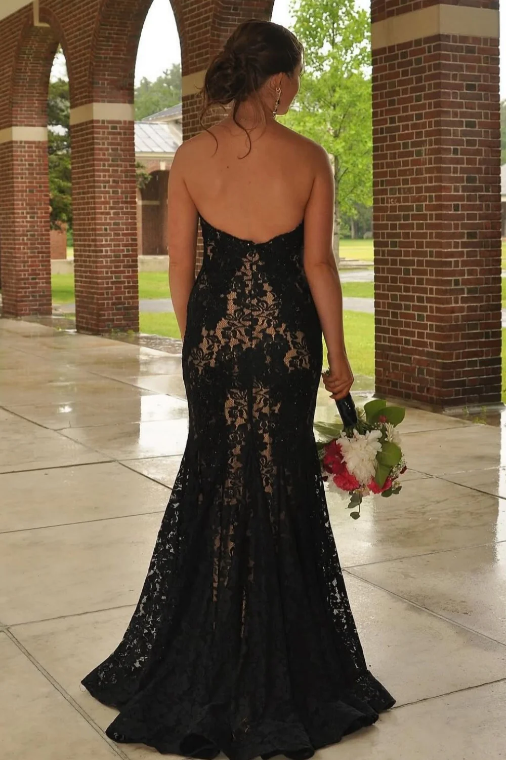 Strapless Red Appliques Mermaid Sleeveless Lace Long Classy Prom Dress