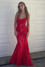 Strapless Red Appliques Mermaid Sleeveless Lace Long Classy Prom Dress