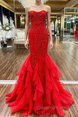 Strapless Red Mermaid Lace Evening Prom Dress, Red Mermaid Lace Formal Evening Dress