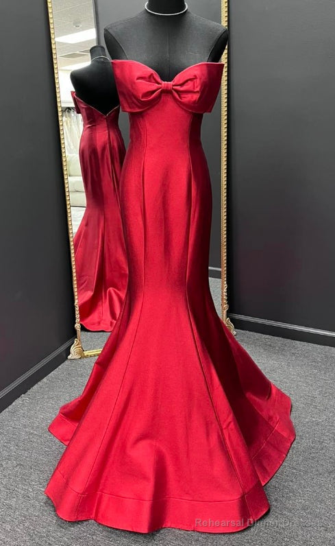 Strapless Red Mermaid Long Prom Dresses with Bow on Bodice Main image