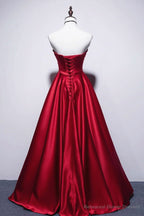 Strapless Red Satin Long Prom Dresses, Dark Red Long Formal Evening Dresses
