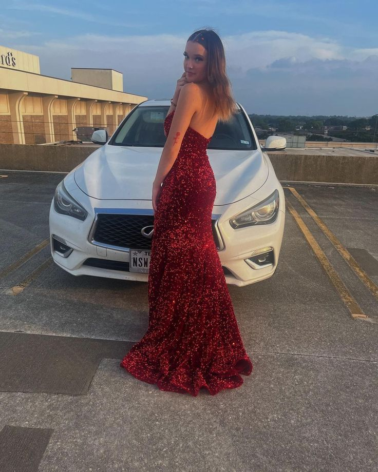 Strapless Red Sequin Classy Dress Mermaid Sparkly Classy Prom Dress Secondary image