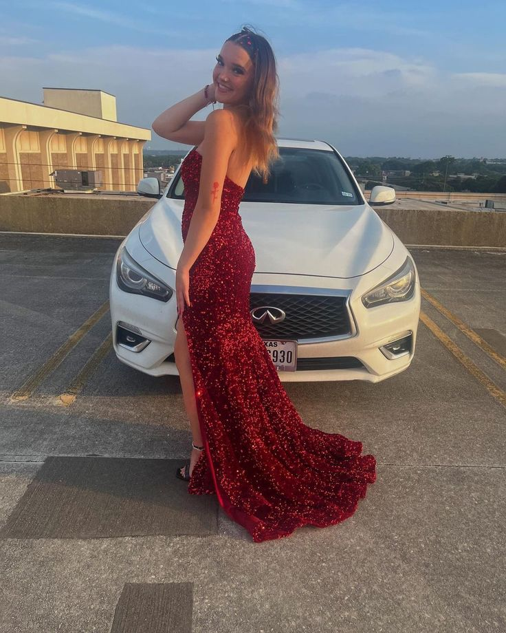 Strapless Red Sequin Classy Dress Mermaid Sparkly Classy Prom Dress
