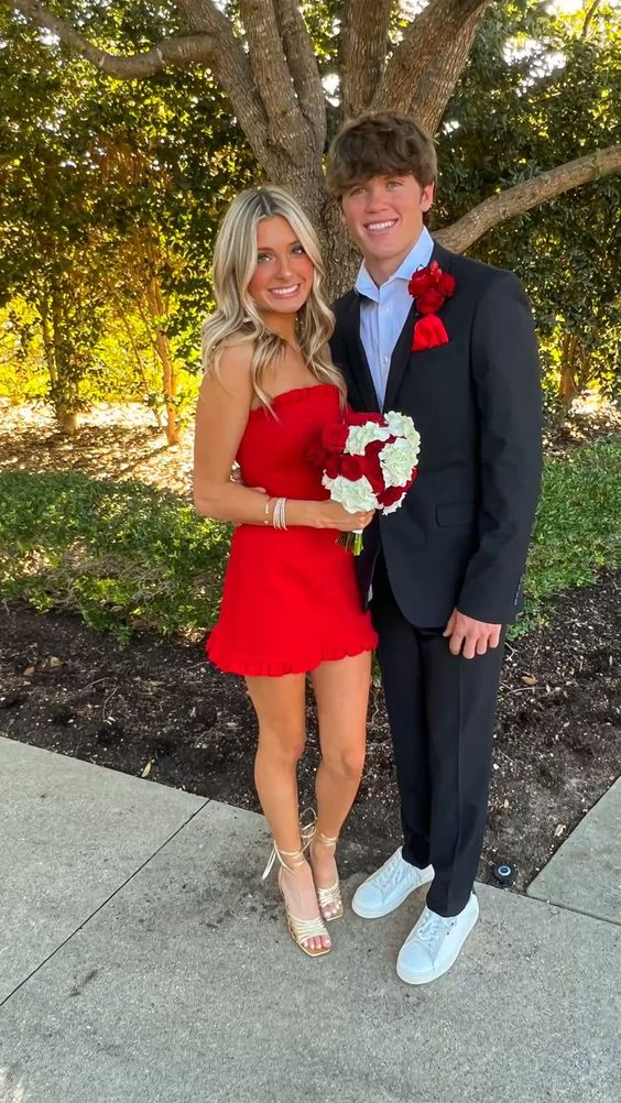 Strapless Red Short Classy Prom Dress Homecoming Dress