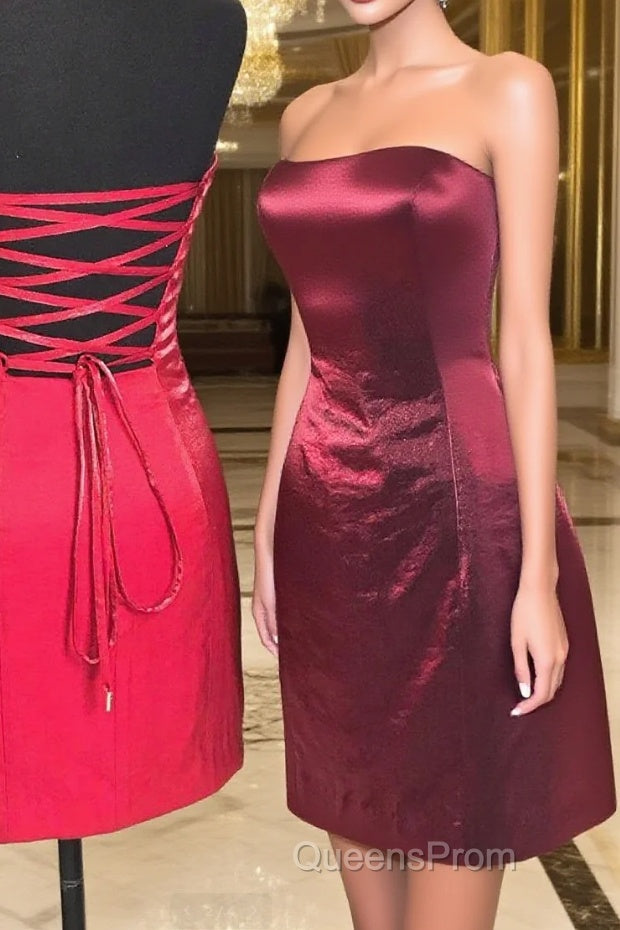 Strapless Sheath Lace-Up Burgundy Homecoming Dress