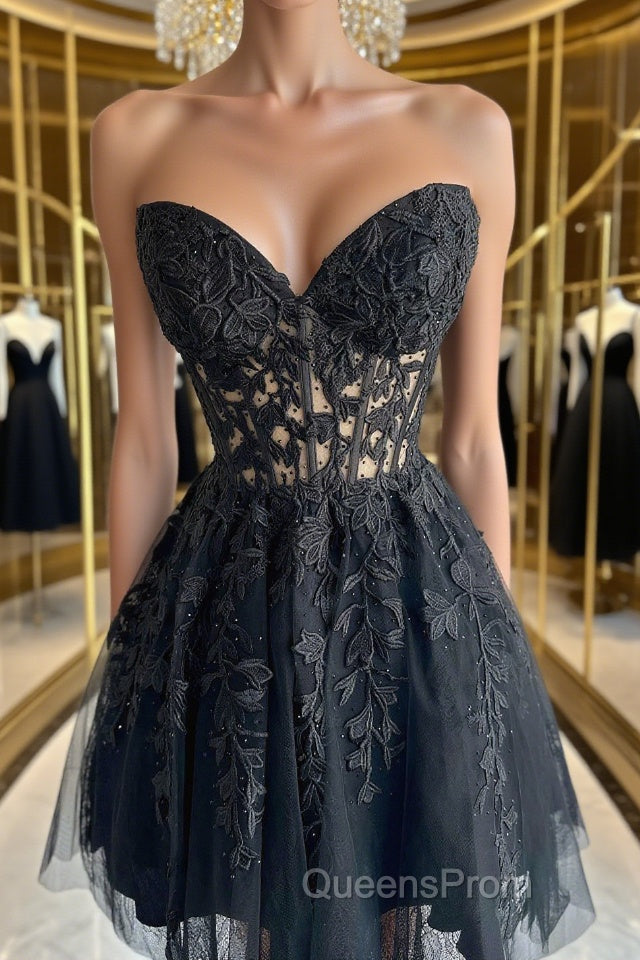 Strapless Short Black Lace Evening Prom Dress, Short Black Lace Formal Homecoming Dress Main image