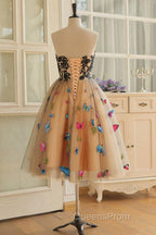 Strapless Short Champagne Floral Evening Prom Dress, 3D Floral Short Champagne Formal Graduation Dress