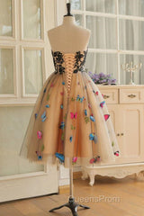 Strapless Short Champagne Floral Evening Prom Dress, 3D Floral Short Champagne Formal Graduation Dress