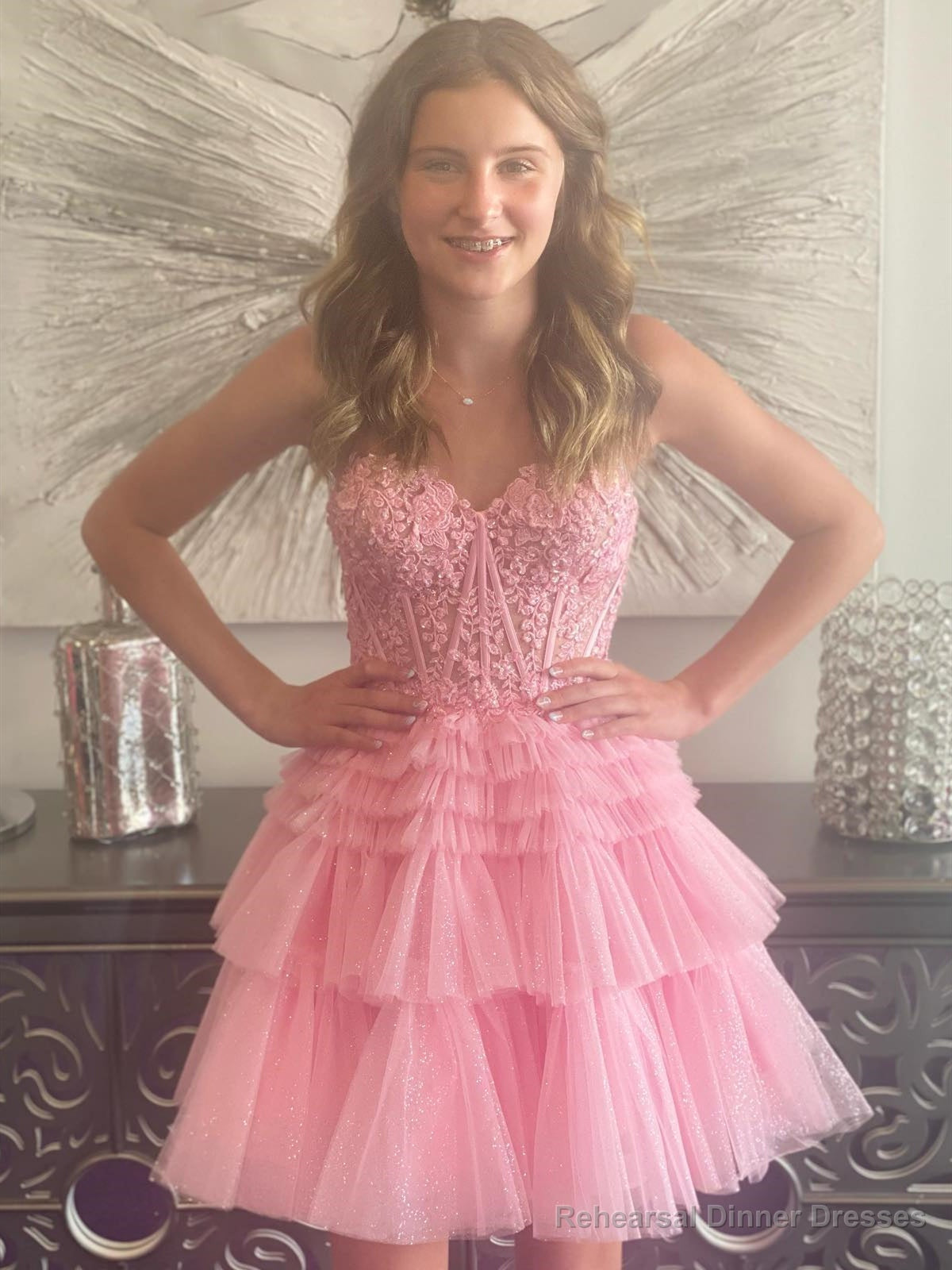 Strapless Short Fuchsia Black Pink Lace Prom Dresses, Short Lace Formal Homecoming Dresses Main image