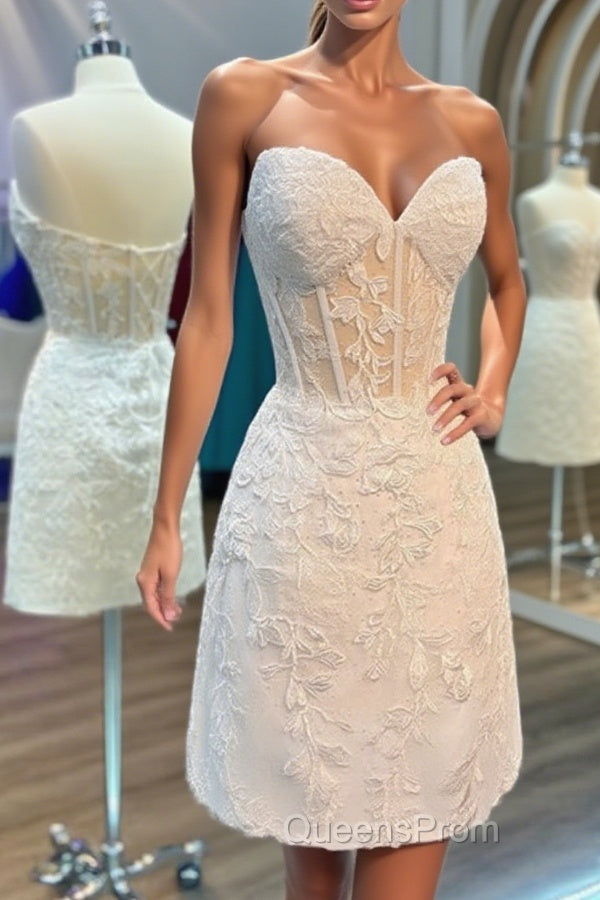 Strapless Short White Lace Evening Prom Dress, Short White Lace Formal Homecoming Dress Main image