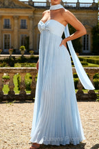 Strapless Sky Blue A Line Pleated Bridesmaid Dress with Halter Scarf