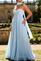 Strapless Sky Blue A Line Pleated Bridesmaid Dress with Halter Scarf