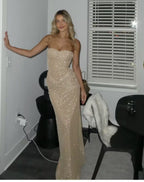 Strapless Sparkly Long Classy Prom Dress Sheath Birthday Party Dress