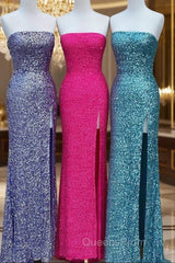 Strapless Sparkly Long Evening Prom Dress With Slit,Formal Dress,Charming Dance Dress