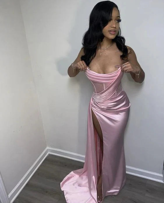 Pink Elegant Strapless High Slit Long Tight Classy Prom Dress Classy Evening Dress Secondary image