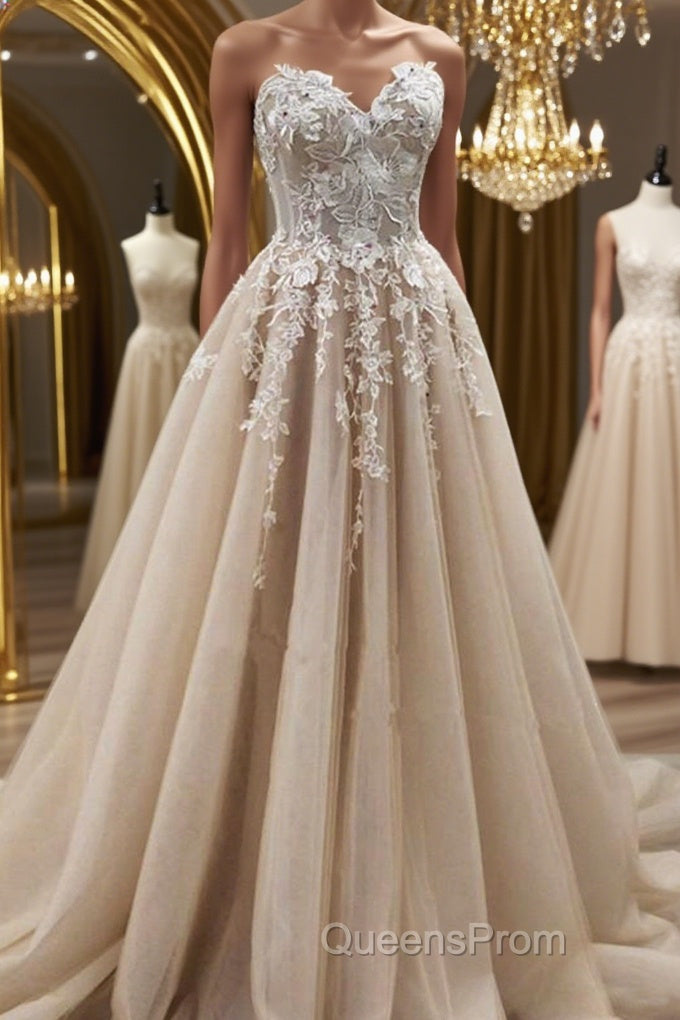 Strapless Sweetheart Neck Champagne Lace Appliques Long Evening Prom Dress, Champagne Lace Floral Formal Evening Dress Main image