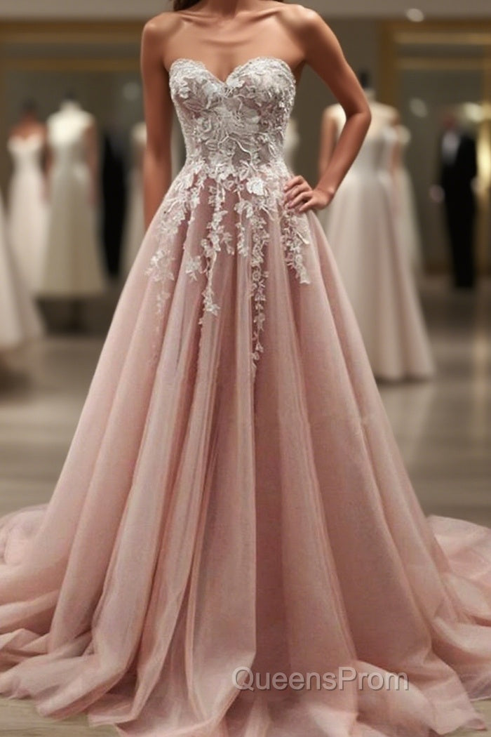 Strapless Sweetheart Neck Pink Lace Appliques Long Evening Prom Dress, Pink Lace Floral Formal Dress, Pink Evening Dress Main image