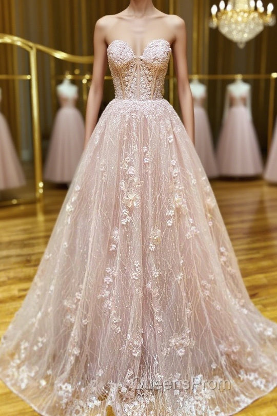 Strapless Sweetheart Neck Pink Lace Long Evening Prom Dress, Pink Lace Formal Graduation Evening Dress Main image