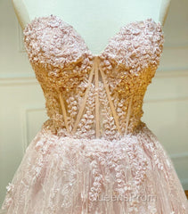 Strapless Sweetheart Neck Pink Lace Long Evening Prom Dress, Pink Lace Formal Graduation Evening Dress