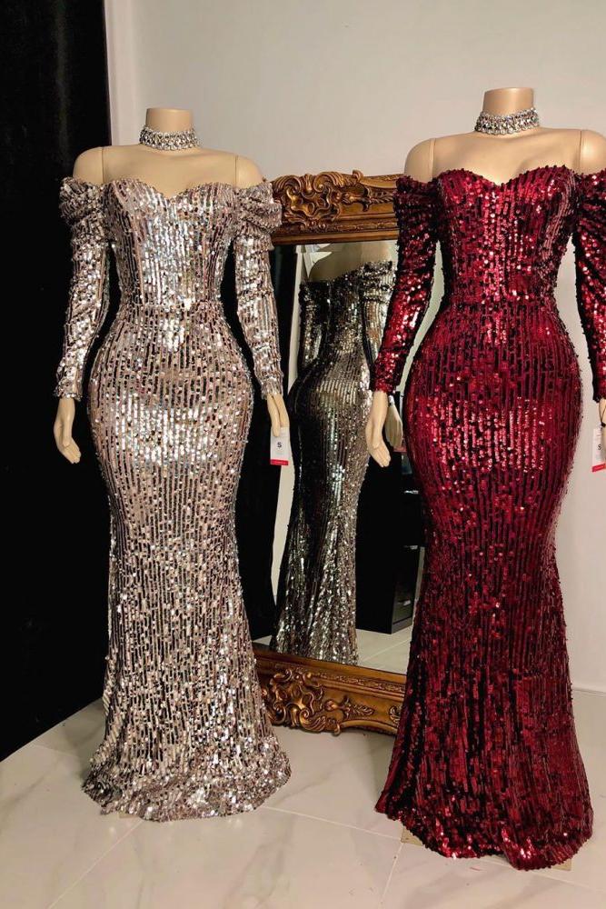Strapless Sweetheart Sequins Floor Length Mermaid Evening Dresses With Sleeves
